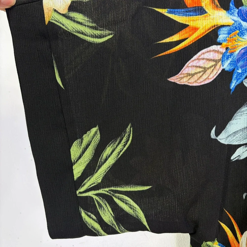 Kona Sol Womens Kimono Cover Up S/M Black Tropical Floral Bird of Paradise Wrap